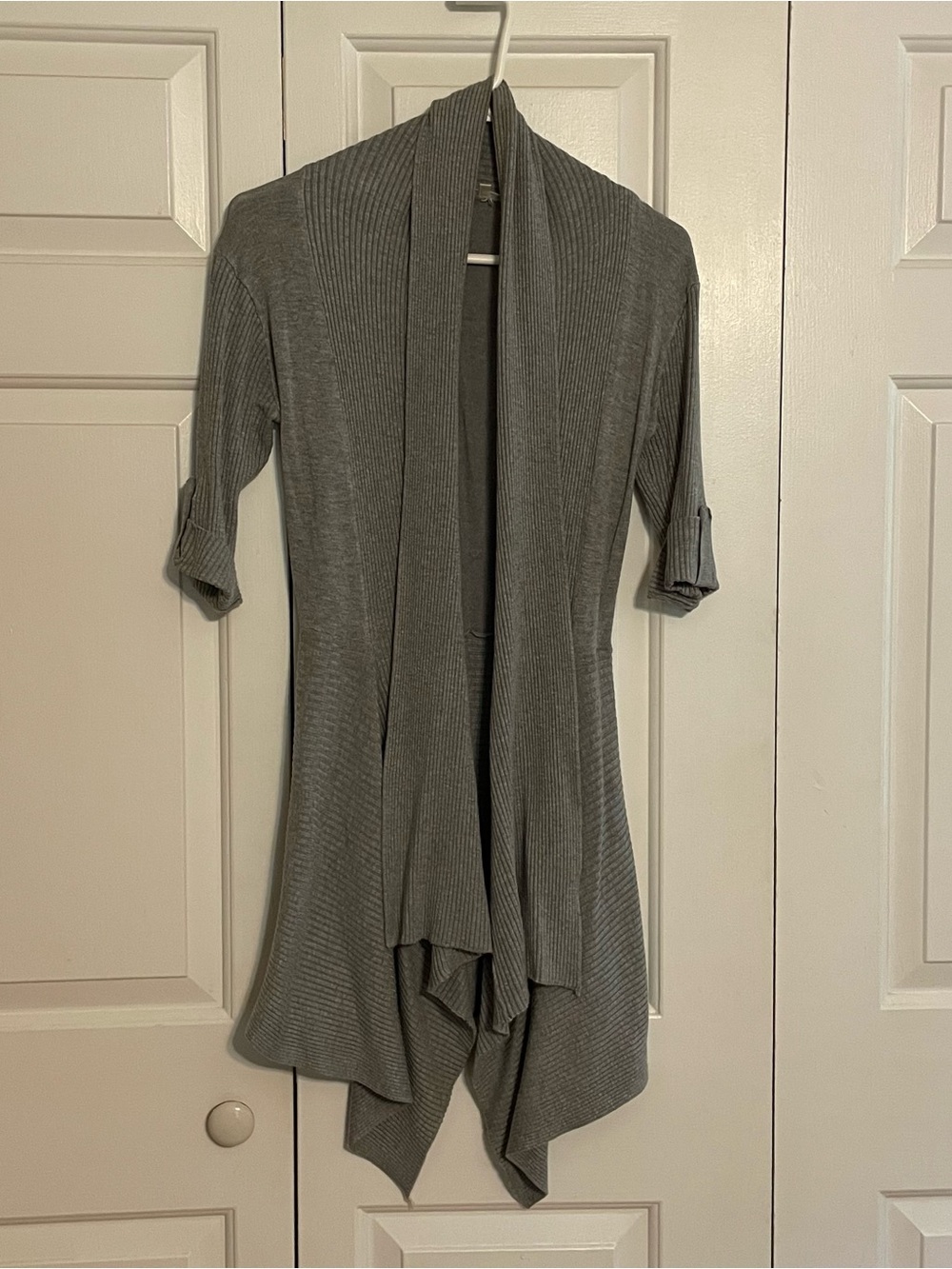 Matty M Gray Open-Front Draped Ribbed Cardigan